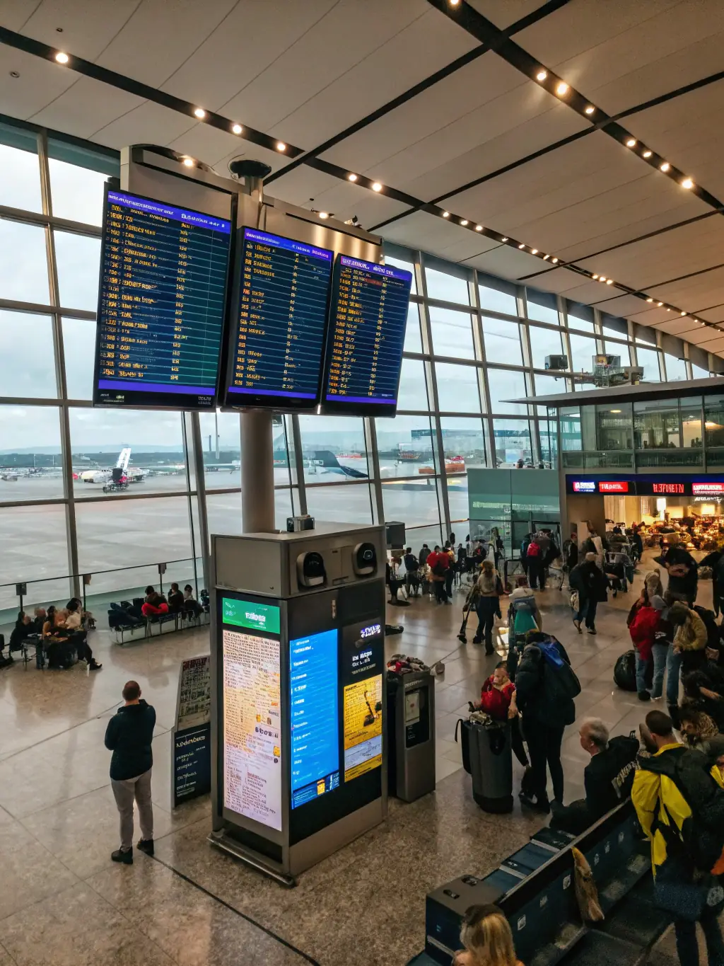 A brightly lit modern airport terminal with people walking with luggage, showcasing the beginning of a journey.
